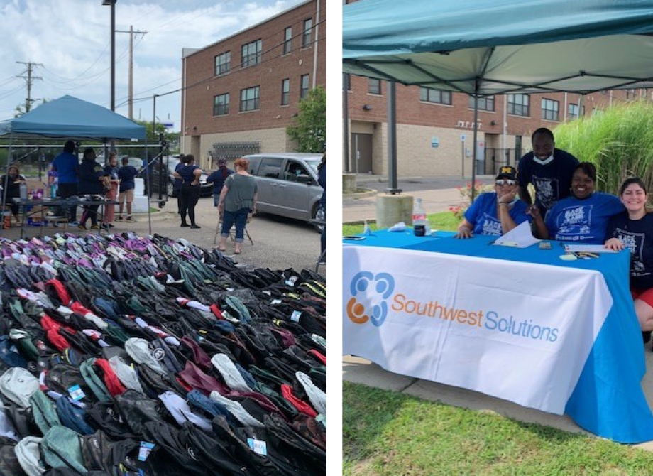 Backpacks lined up ready to be passed out