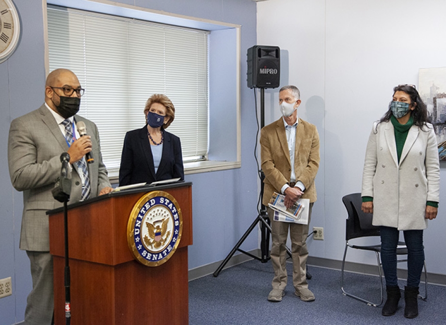 Sean de Four, President and CEO of Southwest Solutions, speaks at a press conference at our Adult Services Counseling clinic Sen. Debbie Stabenow, Rick Kaufman (Wayne County Deputy Executive), and Rep. Rashida Tlaib (D-MI 13th District) look on.