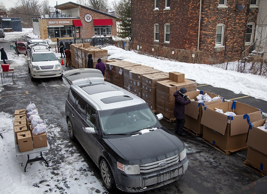 Cars pulling through our Food distribution at St. Anthony's.