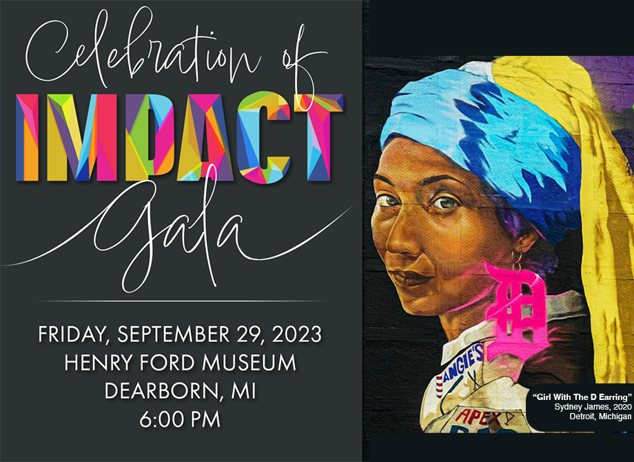 Celebration of Impact 2023: Mural of a woman with a D earring. Info about Gala