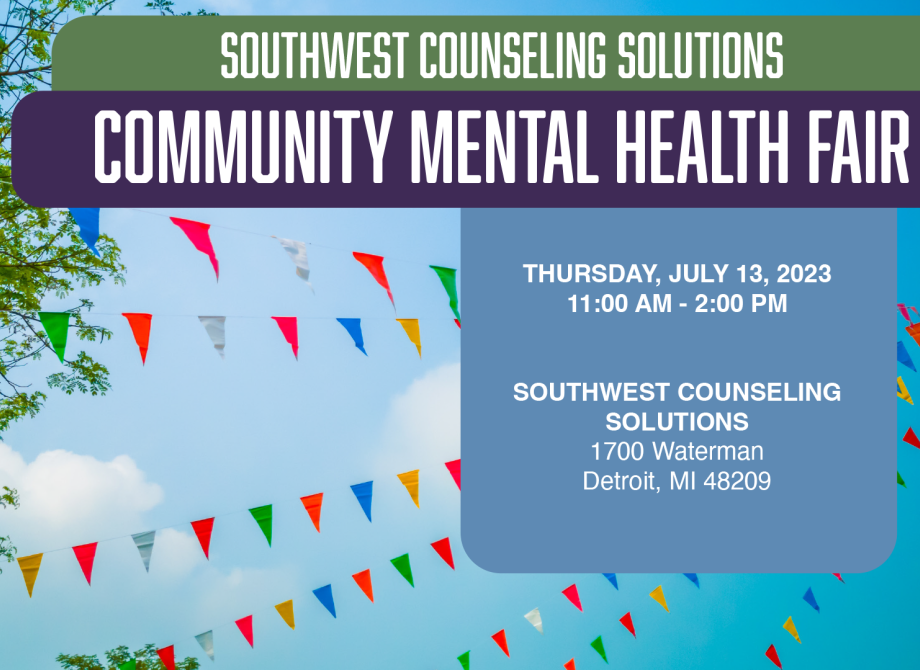 Community Mental Health Fair picture with flags and event details