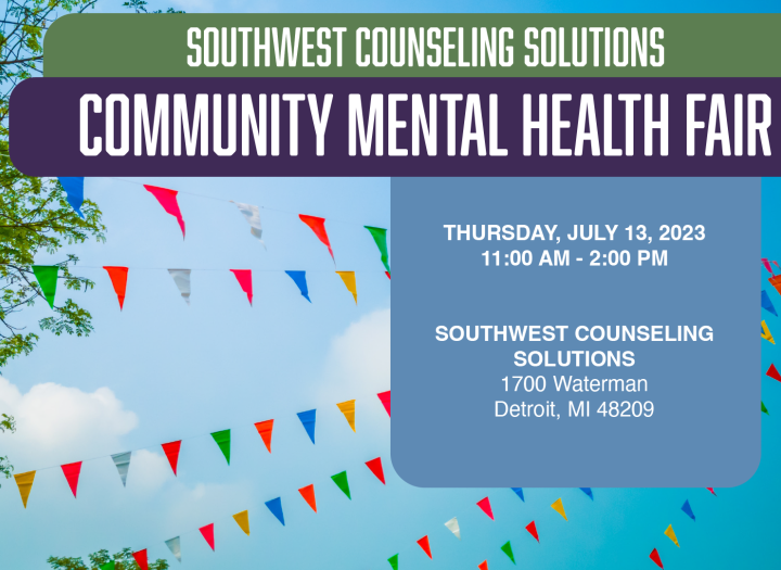 Community Mental Health Fair picture with flags and event details